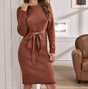 SHEIN belted midi sweater dress, burnt orange color, size Medium